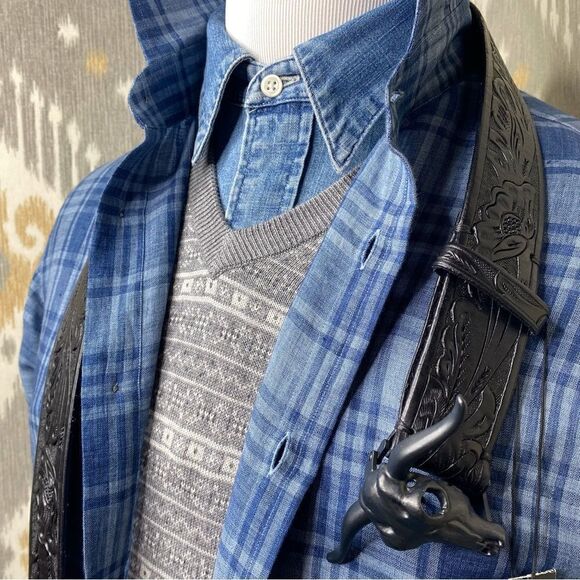 Ralph Lauren NWT 2012 Steer-Head Skull Black Calf Leather Western Tooled Belt - Picture 5 of 8